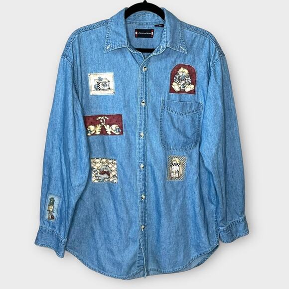 VINTAGE chambray down shirt with cat patches fits size XL crazy cat lady - Picture 1 of 10